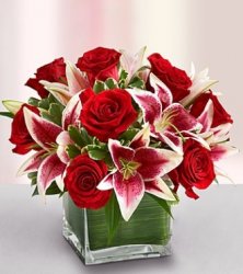 Modern Embrace Red Roses and Lily Bouquet
