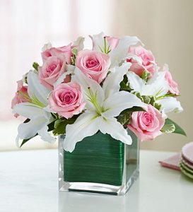 Pink Roses and Lilies Cube Bouquet